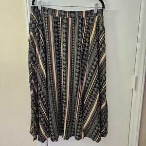 Woman Within Black Tan Print Long Full Skirt Size 20W Pockets 33" Country Travel